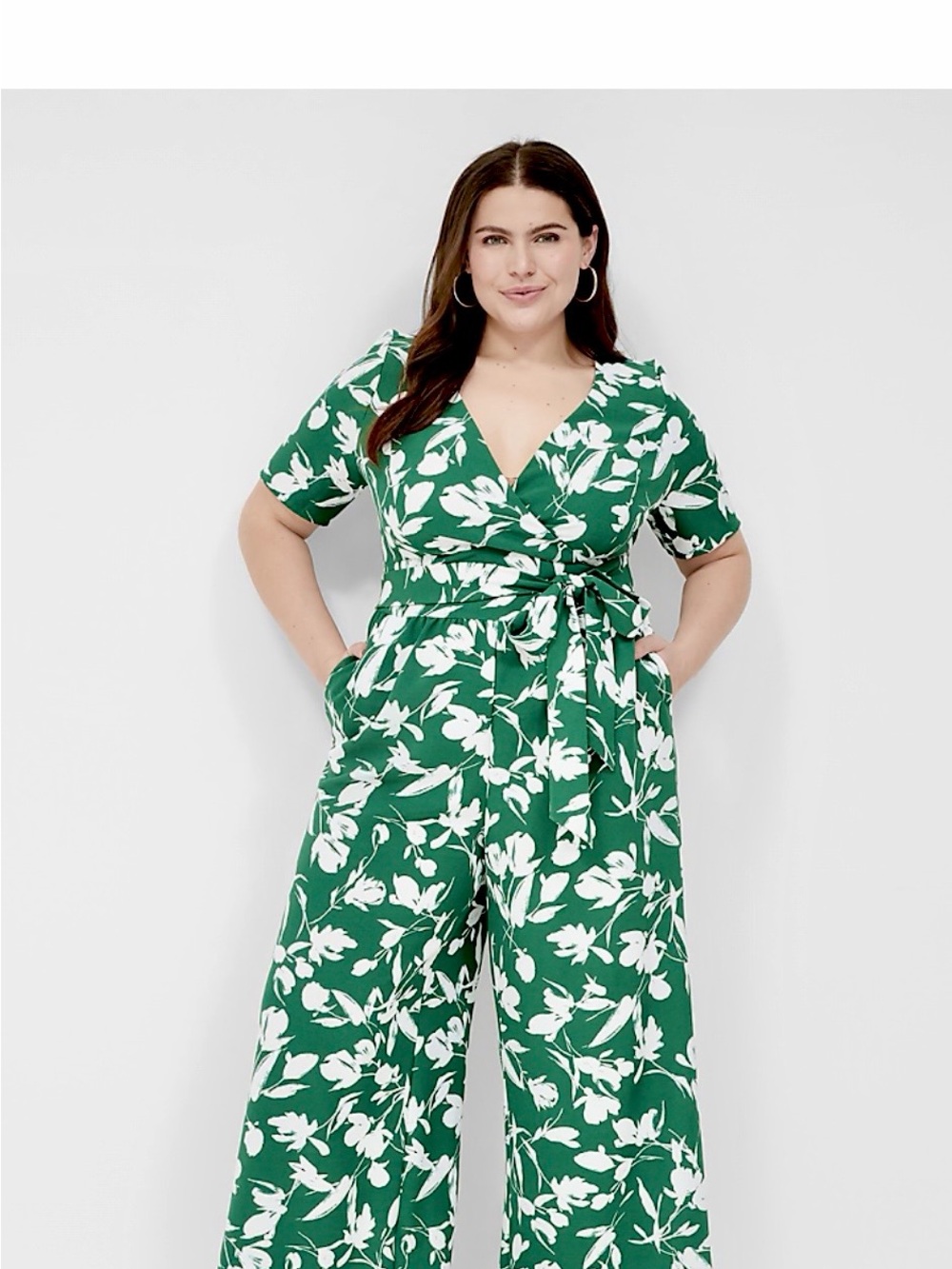 Lane Bryant Green and White Floral Wrap Jumpsuit